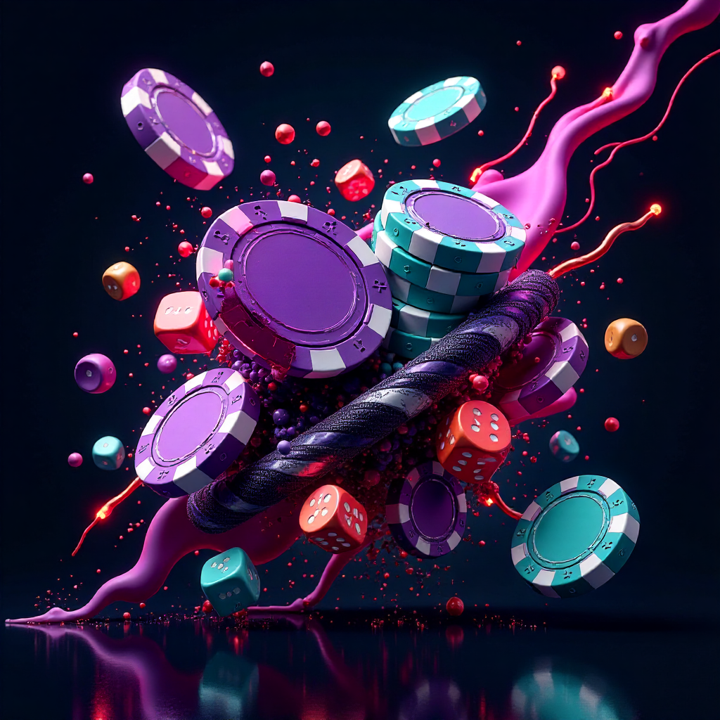 Dynamic 3D explosion of purple and teal casino chips, Solana coins, and dice mixed with subtle liquid metal ribbons in German flag colors (black, red, gold), dark charcoal reflective background, neon energy trails, futuristic high-tech gambling art, high 